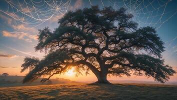 Majestic Old Tree Silhouetted by Golden Sunset with Spiderwebs Overhead photo