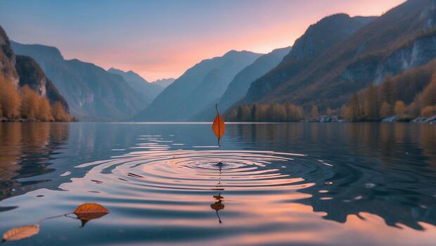 Autumn Leaf Falling Into Lake with Mountain Views and Colorful Sky photo