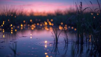 Still Water Reflecting Sunset Sky with Grass and Bokeh Lights photo