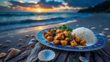 Delicious Meal Presentation on Beach with Ocean Sunset Scenery photo