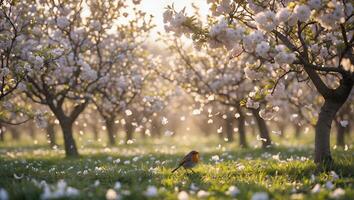 Robin in Blooming Orchard with Falling Petals at Golden Hour photo