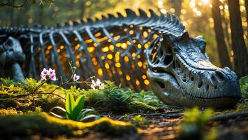 Dinosaur Skeleton Fossil Resting in Forest Floor with Flowers and Sunlight photo