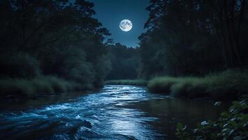 River Flowing Through Forest at Night Under Full Moon photo