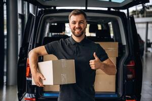 Holding, the, packed,,, product in hands. Delivery man or loader is near the car with a box photo