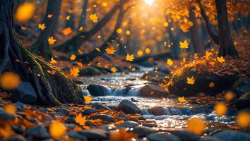 Falling Autumn Leaves Over a Forest Stream with Sunlight photo