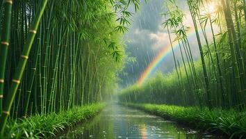 Walking in Nature Path Through Bamboo Forest with Rain and Rainbow photo