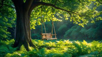 Wooden Swing Hanging From Tree Branch in Forest Glade with Ferns photo