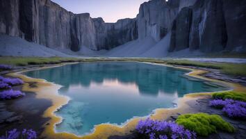 Turquoise Lake Reflection with Rocky Cliffs and Wildflower Landscape photo
