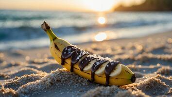 Banana Treat on Beach with Chocolate Sauce and Salt at Sunset photo