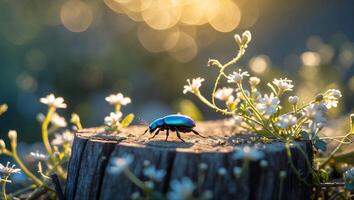 Iridescent Beetle Exploring a Wood Stump Surrounded by White Flowers photo