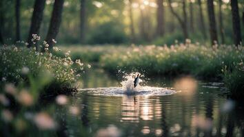 Fish Jumping Out of Water in Forest Stream on Sunny Day photo