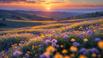 Wildflower Meadow at Sunset, Rolling Hills, and Warm Colorful Light photo