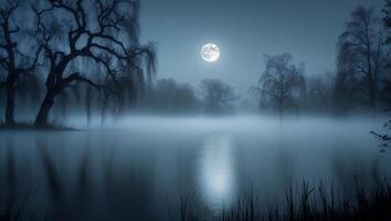 Moonlit Lake with Foggy Landscape and Tree Silhouettes Reflecting in Water photo