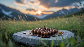 Small Wooden Spheres Grouped on Stone Slab at Mountain Sunset photo