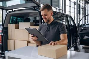 Positive facial expression, holding ,notepad. Delivery man or loader is near the car with a box photo