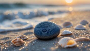 Sea Stone and Shells on Beach at Sunset with Ocean Waves photo