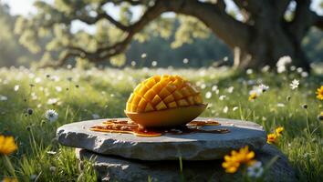 Mango on Stone Slab in Grassy Field with Daisies and Tree photo