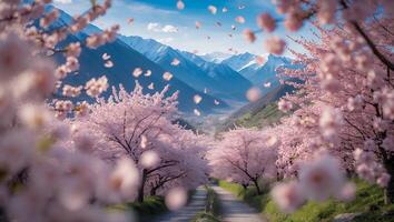 Blooming Cherry Trees Line Mountain Road with Gentle Petal Fall photo