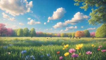 Cattle Grazing in Spring Meadow with Colorful Flowers and Trees photo
