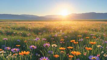 Colorful Wildflower Field at Sunrise with Mountains in the Background photo