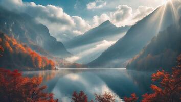 Scenic Lake Surrounded by Autumn Trees and Mountains with Sunrays photo