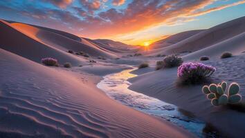 Desert Landscape with Flowing Stream and Colorful Sunrise Sky photo