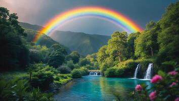 Rainbow Over Lush Green Forest and Flowing River with Waterfalls photo
