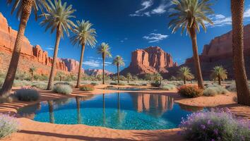 Desert Oasis with Palm Trees and Rock Formations Reflection View photo
