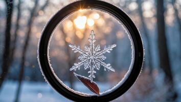 Snowflake on Window with Winter Sunlight and Frosty Background photo