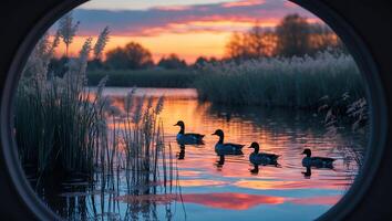 Ducks Swim on Lake at Sunset Framed by Circular Window photo