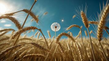 Wheat Field and Dandelion Against Blue Sky on a Sunny Day photo
