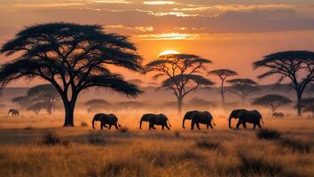 Elephants Walking Through Savannah at Sunset with Acacia Trees photo