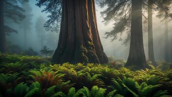 Walking Among Giant Trees Ferns and Sunlight in a Dense Forest photo