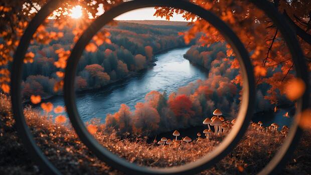 River View Through a Circle Frame with Autumn Colors and Mushrooms photo