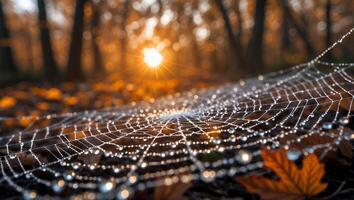 Dewy Spiderweb in Forest with Autumn Leaves and Golden Sunlight photo