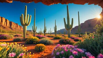 Exploring Desert Landscape with Cactus and Wildflowers at Sunset photo