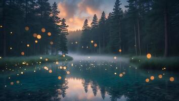 Calm Lake Scene with Forest and Floating Lights at Dusk photo