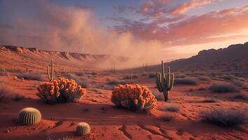 Cactus Plants Growing in a Desert Landscape at Sunset photo
