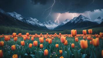 Tulip Field Under Stormy Sky with Lightning Over Snowy Mountains photo