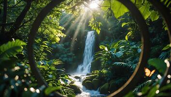 Waterfall Flowing in Lush Jungle with Sunlight Rays and Butterfly photo