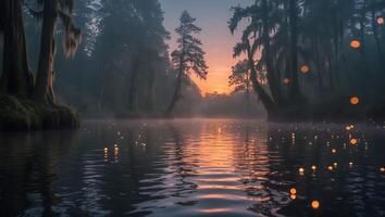 Still Lake Reflecting Misty Forest and Glowing Lights at Sunset photo