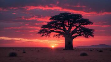 Lone Tree Silhouette at Dramatic Sunset in Arid Landscape Scene photo