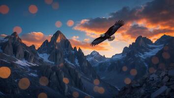 Eagle Soaring Over Snow-capped Mountains at Sunset with Colorful Cloudy Sky photo