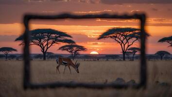 Antelope Grazing in Savannah Framed at Sunset with Vibrant Sky photo