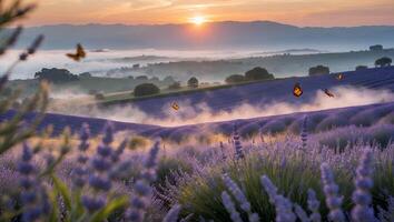 Lavender Field Landscape with Butterflies and Foggy Sunrise Scenery photo
