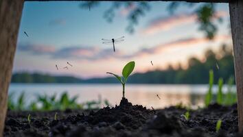 Sprout Grows at Lakeside Sunset with Flying Insects and New Life photo