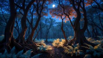 Walking Trail Through Misty Forest at Night with Moon Shining Above photo