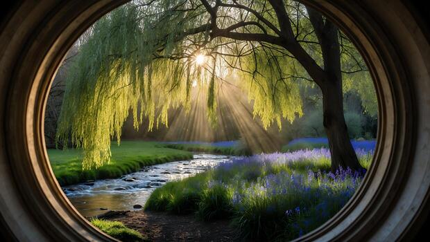 Sunbeams Through Willow Tree and River Scene Framed in Circle photo