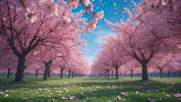 Blooming Cherry Trees in Orchard with Falling Petals on Grass photo