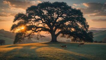 Tranquil Sunset Landscape with Large Tree and Grazing Deer photo